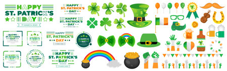 Happy St. Patrick's Day elements mega set with green clover, shamrock, green ale, gold coins pot, and rainbow on white background. St. Patrick's Day typography mega bundle.のイラスト素材