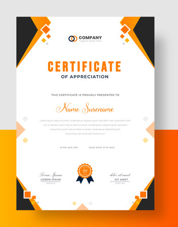 Abstract Clean professional yellow certificate of appreciation template. diploma modern certificate with badge. Elegant business diploma layout for training graduation or courseのイラスト素材