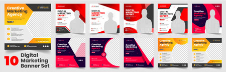 Big bundle mega collection set of 10 Item digital marketing social media post banner template. clean minimal editable square digital marketing web banner or business marketing postのイラスト素材
