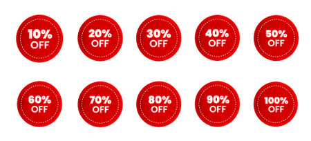 percent discount sticker price tag design set. product emblem with percentage sell off. marketing...