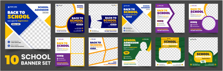 set of 10 big mega collection bundle school admission social media post banner Template, back to school Social Media Banner Template set, school banner set, school banner bundleのイラスト素材