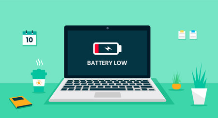 Laptop computer desk  battery low icon on screen concept, vector flat design illustration. laptop desk vector flat design. computer desk vector flat design. computer desk workingのイラスト素材