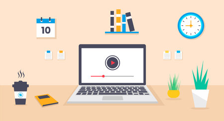 laptop computer desk video player icon, concept of laptop desk webinar, laptop business, computer online training, computer education. flat laptop computer vector illustrationのイラスト素材