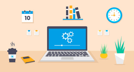 laptop computer repair and software development design. laptop desk vector flat design. computer desk vector flat design. computer desk working space.のイラスト素材
