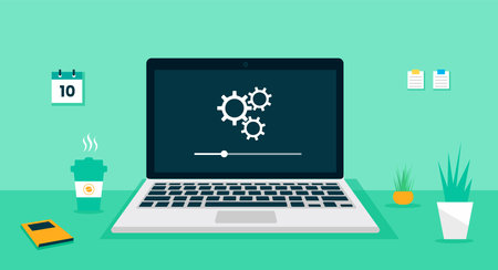 laptop computer repair and software development design. laptop desk vector flat design. computer desk vector flat design. computer desk working space.のイラスト素材