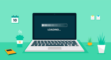 laptop computer loading process vector illustration. laptop system software update and upgrade installation flat design, laptop desk vector flat design. computer desk vector flatのイラスト素材