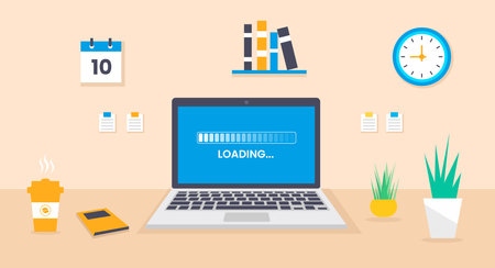 laptop computer loading process vector illustration. laptop system software update and upgrade installation flat design, laptop desk vector flat design. computer desk vector flatのイラスト素材