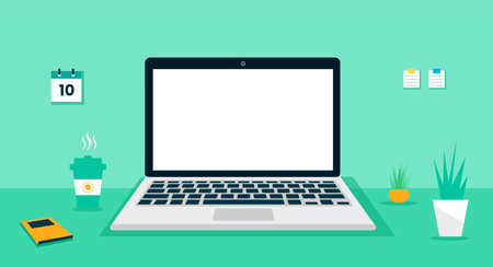 laptop computer desk with white empty display screen for working space, vector laptop computer flat design illustration. computer desk design. laptop computer desk design template.のイラスト素材