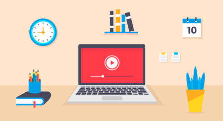 laptop computer desk video player icon, concept of laptop desk webinar, laptop business, computer online training, computer education. flat laptop computer vecotr illustrationのイラスト素材