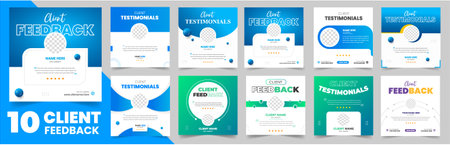 set of 10 big mega collection client feedback social media post banner. Customer feedback testimonial social media post web banner set. client testimonials social media post bannerのイラスト素材