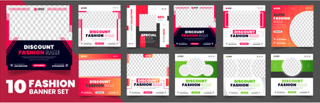 set of 10 big mega collection fashion sale Editable minimal square banner template. fashion sale social media post banner design template  bundle, discount, fashion sale, mega saleのイラスト素材