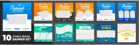 set of 10 big mega collection tour and travel social media post banner design template. travel social media post banner bundle. tour social media post banner design set.のイラスト素材
