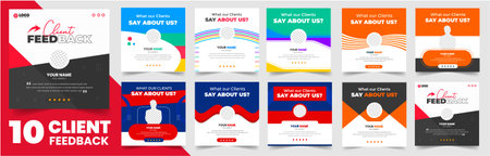 client feedback social media post banner set. Customer feedback testimonial social media post web banner template bundle. client testimonials social media post banner designのイラスト素材