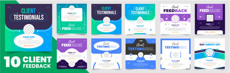 client feedback social media post banner set. Customer feedback testimonial social media post web banner template bundle. client testimonials social media post banner designのイラスト素材
