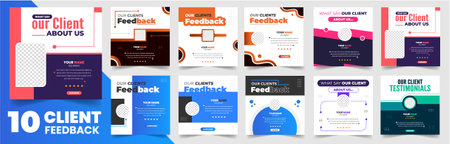 client feedback social media post banner set. Customer feedback testimonial social media post web banner template bundle. client testimonials social media post banner designのイラスト素材