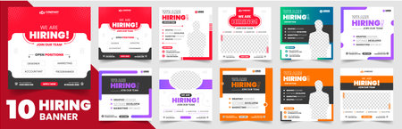 We are hiring job vacancy social media post banner design set template with. We are hiring job vacancy square web banner design bundle. Hiring banner set. Hiring Banner bundle.のイラスト素材