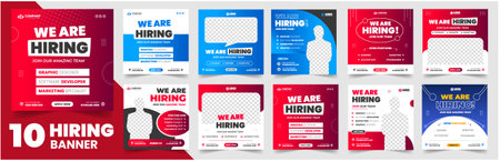 We are hiring job vacancy social media post banner design set template with. We are hiring job vacancy square web banner design bundle. Hiring banner set. Hiring Banner bundle.のイラスト素材