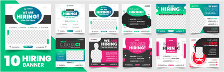 We are hiring job vacancy social media post banner design set template with. We are hiring job vacancy square web banner design bundle. Hiring banner set. Hiring Banner bundle.のイラスト素材