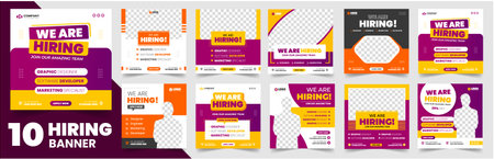 We are hiring job vacancy social media post banner design set template with. We are hiring job vacancy square web banner design bundle. Hiring banner set. Hiring Banner bundle.のイラスト素材