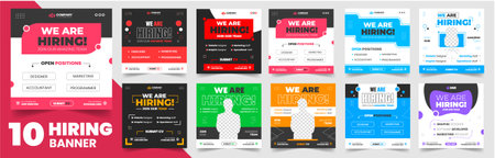 We are hiring job vacancy social media post banner design set template with. We are hiring job vacancy square web banner design bundle. Hiring banner set. Hiring Banner bundle.のイラスト素材