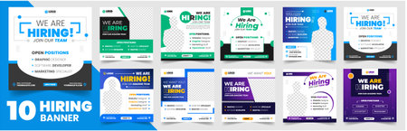 We are hiring job vacancy social media post banner design set template with. We are hiring job vacancy square web banner design bundle. Hiring banner set. Hiring Banner bundle.のイラスト素材