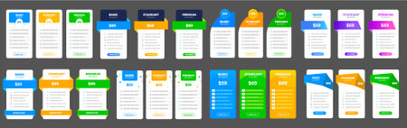 Ui UX pricing design tables with tariffs, subscription features checklist and business plans set. pricing plans table pricing chart Price list for web or app. Product Comparisonのイラスト素材