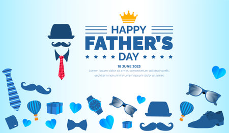 happy Father's Day background poster or banner design template celebrate in june. Father's Day background or banner with necktie, glasses, hat, and gift box. happy fathers dayのイラスト素材