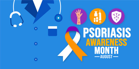 August is Psoriasis Awareness Month background template. Holiday concept. background, banner, placard, card, and poster design template with ribbon, text inscription and standardのイラスト素材