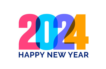2024 Happy New Year colorful Text logo typography design concept. Xmas greetings with 2024 numbers in the form of colored stained glass. Art design template 2024.のイラスト素材