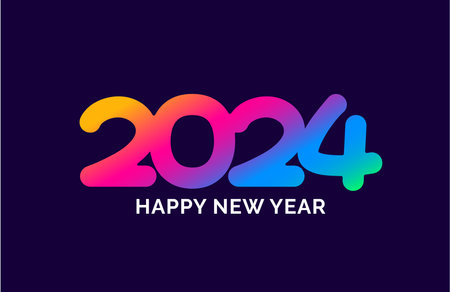 2024 Happy New Year colorful Text logo typography design concept. Xmas greetings with 2024 numbers in the form of colored stained glass. Art design template 2024.のイラスト素材