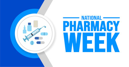 October is National Pharmacy Week background template. Holiday concept. background, banner, placard, card, and poster design template with text inscription and standard color.のイラスト素材