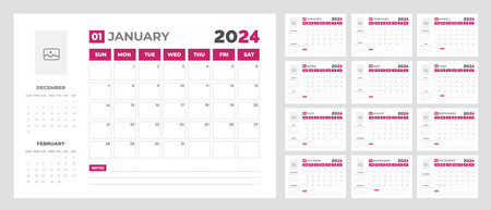 2024 Calendar Desktop Planner Template. Corporate business wall or desk simple Planner calendar with week start Sunday.  Set of 2024 Calendar Planner Template.のイラスト素材