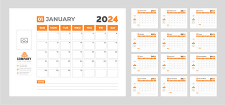 2024 Calendar Desktop Planner Template. Corporate business wall or desk simple Planner calendar with week start Sunday.  Set of 2024 Calendar Planner Template.のイラスト素材