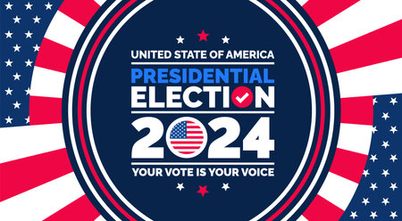 Presidential election 2024 background design template with USA flag. Vote in USA flag banner design. Election voting poster. president voting 2024. Political election 2024 campaignのイラスト素材