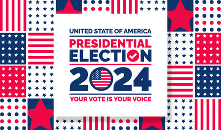 Presidential election 2024 background design template with USA flag. Vote in USA flag banner design. Election voting poster. president voting 2024. Political election 2024 campaignのイラスト素材