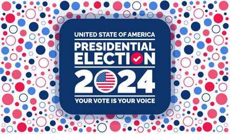 Presidential election 2024 background design template with USA flag. Vote in USA flag banner design. Election voting poster. president voting 2024. Political election 2024 campaignのイラスト素材