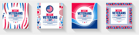 happy Veterans Day social media post banner design template set with american flag. Honoring all who served. background, banner, placard, card, and poster design template.のイラスト素材