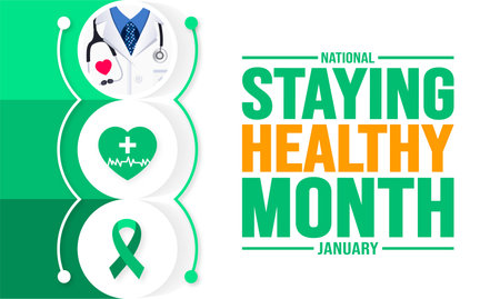 January is National Staying Healthy Month background template. Holiday concept. background, banner, placard, card, and poster design template with text inscription.のイラスト素材