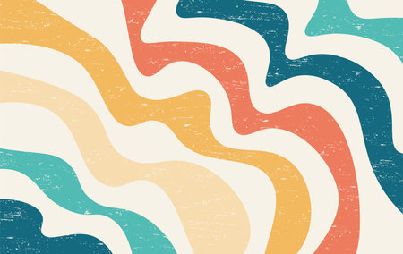 Abstract Colorful vintage 1970 Hippie Retro Minimal stylish wallpaper background of rainbow groovy Wavy Line design with dirty texture. use to cloth, textile, poster, banner, decorのイラスト素材