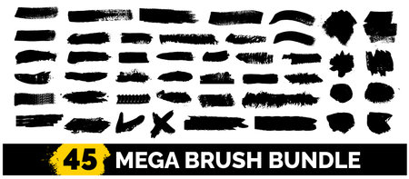 45 Mega bundle collection of different ink Vector Black paintbrush strokes. rectangle, square and round freehand drawings. Dirty watercolor texture, use to social media businessのイラスト素材