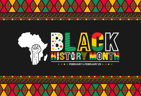 Black history month colorful lettering typography with Neo geometric seamless pattern background. Juneteenth Independence Day. Kwanzaa. Celebrated February in united stateのイラスト素材