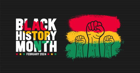 Black history month ink paint brush stroke flag with lettering typography and protest power strong hand raised background. Celebrated February in united state and Canada.のイラスト素材