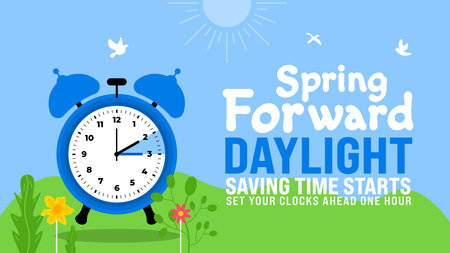 Spring Forward concept 2024 banner. Daylight Saving Time Starts background with cartoon doodle style with funny clock flower. schedule of changing clocks at march 10, 2024.のイラスト素材