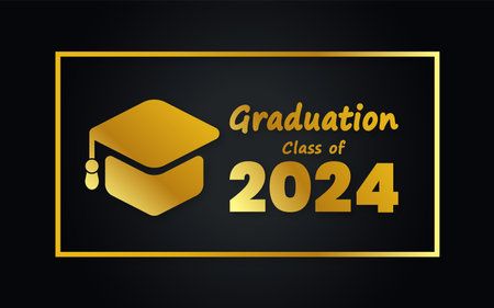 academic hat for high school or college graduation Class of 2024 badge background design template in black and gold colors. Congratulations graduates 2024 banner design.のイラスト素材