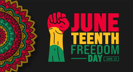 13 June is Juneteenth Freedom Day strong hand rising background template. Holiday concept. use to background, banner, placard, card, and poster design template.のイラスト素材