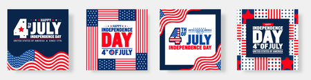 4th of July happy independence day social media post banner or background design template set with calligraphy text and USA flag. United States of America Independence Day bannerのイラスト素材