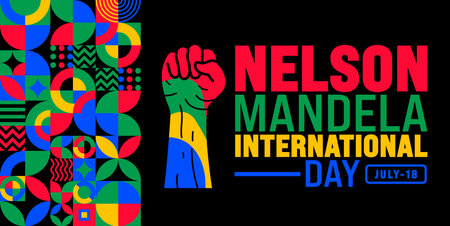 18 July is Nelson Mandela International Day geometric shape pattern and strong hand rising background template. Use to banner, placard, card, and poster design template.のイラスト素材