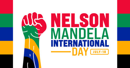 18 July is Nelson Mandela International Day strong hand rising background template. Use to banner, placard, card, and poster design template with text inscription and standardのイラスト素材