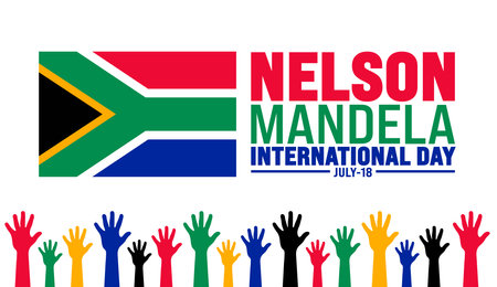 18 July is Nelson Mandela International Day strong hand rising background template. Use to banner, placard, card, and poster design template with text inscriptionのイラスト素材