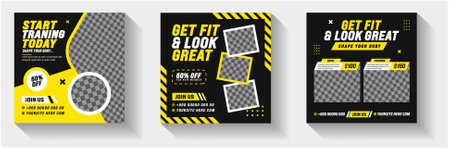 Fitness Gym, Sports or Workout exercise Stylish graphics social media post banner design template set with yellow and black color. gym and fitness square promotion banner set.のイラスト素材